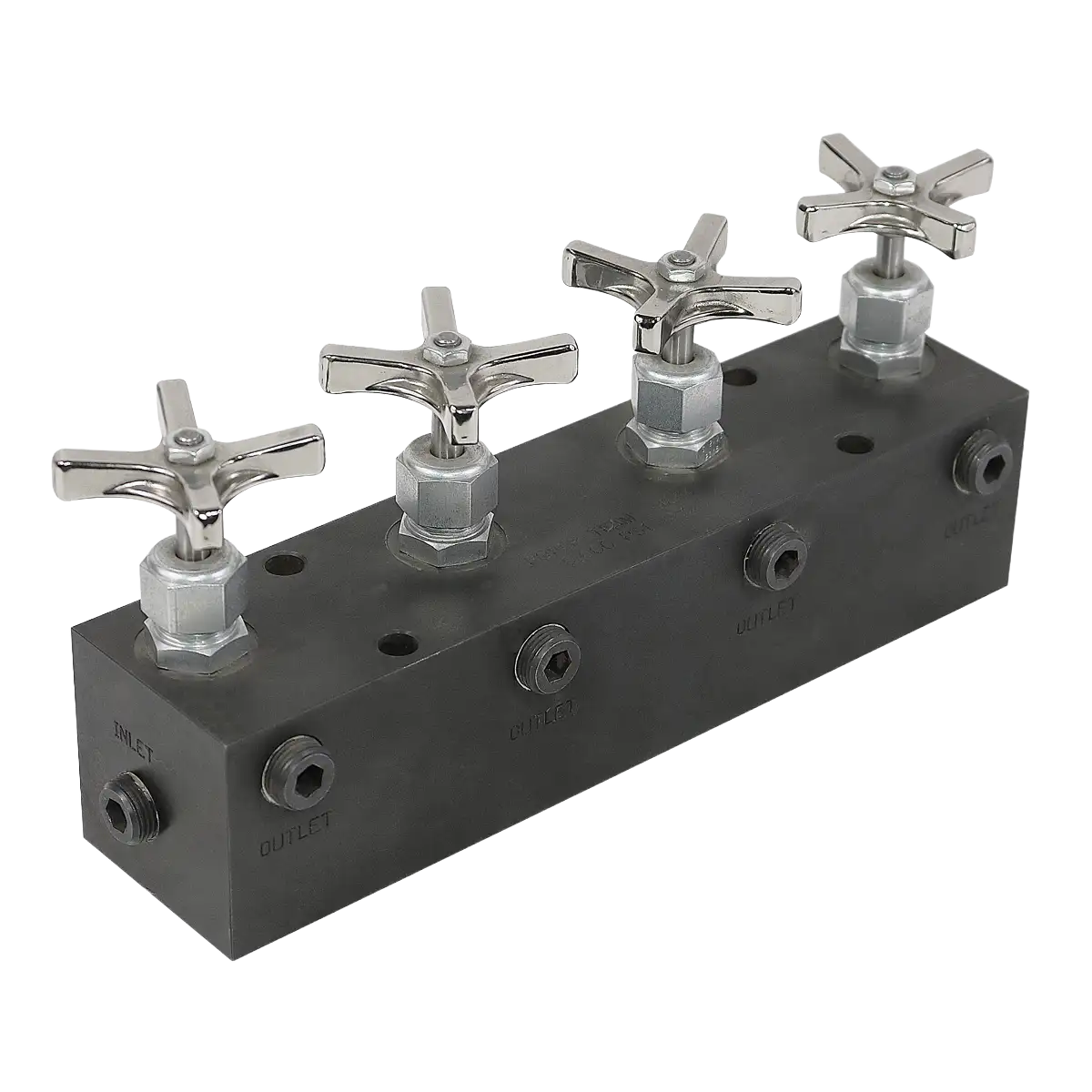 Block manifold con válvulas aguja para control de 4 cilindros